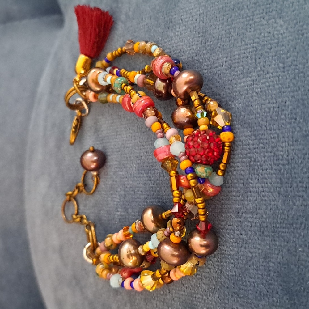 HANDMADE Colorful 5-Strand One Of A Kind Beaded Bracelet, Fall Colors, 7-9" Adj.